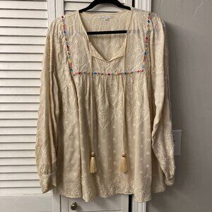 Love Johnny Was Cream Jacquard Silk Top - Size X-Large